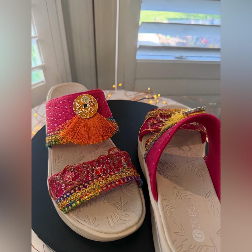 Custom Embellished Red and Multi Slide Sandals OOAK, size 8